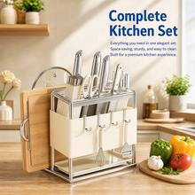 Knife Holder Storage Organizer With Hooks, Stainless Steel Knife Block Holder Cutting Board Rack,Kitchen Utensils Holder With Drainer Tray For Kitchen Countertop - White - View 7