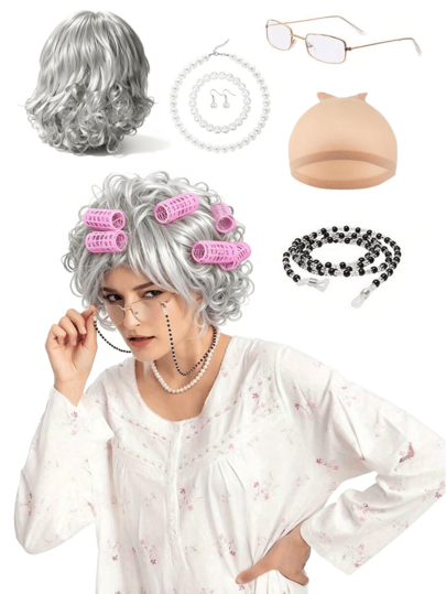 5pcs Set Grandma Costume Silver And Gray Short Curly Wig With Bangs, Grandma Style Wig, Suitable For Women's Christmas Party Costume, Vintage Grandma Costume Accessories Set, Hair Net, Chain, Pearl Necklace, Silver Gray Grandma Style Wig, Accessories Include Glasses, Necklace, Earrings, Bracelet Set, Suitable For Role Play, Grandma, Holiday, Thanksgiving, Christmas Party And Other Occasions, Soft And Comfortable, Can Be Used As Daily Party Wig, Fun Stage Performance Accessory, Elderly Wig.