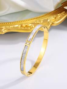 1/5Pcs Gold Plated Stainless Steel Cuff Bangles For Women, Classic Rhinestone Inlaid Stackable Bracelets, Non Tarnish Waterproof Jewelry - Gold 2 - View 10