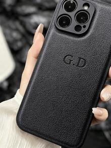 客製化姓名手機殼，適用 11 12 13 14 15 16 17 Pro Max Plus，韓系奢華 PU 皮革 3D DIY 刻字字母縮寫防震手機殼，送給朋友與家人的靜奢風個性化禮物，美學設計 - 黑色 - 查看 5