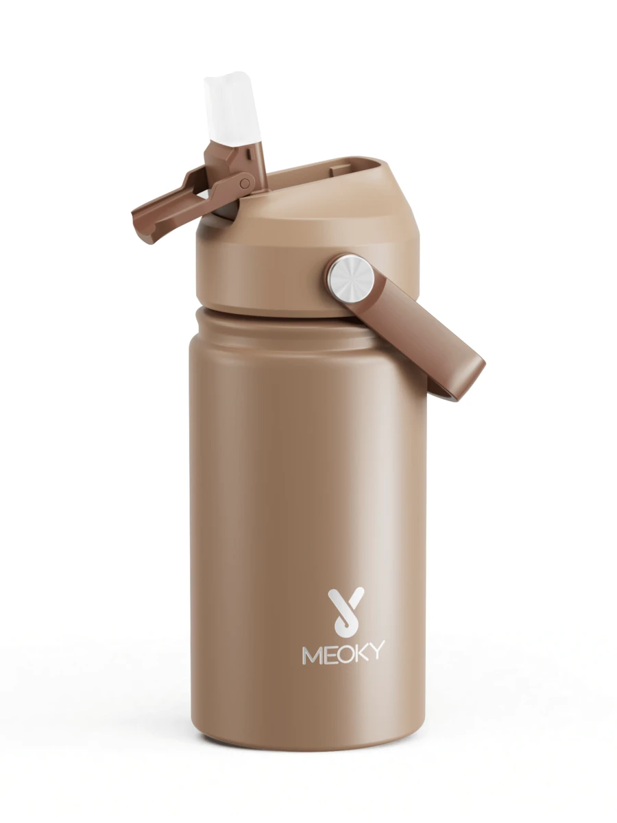 Meoky 12oz 不鏽鋼保溫運動水壺,附吸管與手柄蓋,寬口設計,雙層防漏,可保冷24小時、保溫12小時,適合辦公室或戶外活動 - 12oz棕色 - 查看 1