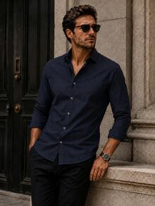 Men's Casual Solid Color Button-Front Long Sleeve Shirt, Spring/Autumn - Navy Blue - View 2