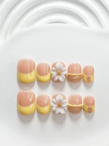 10件裝復古風手工穿戴式美甲貼片，Polygel美甲套組，鏈條五瓣花設計，黃色指甲油，甜美清新風，含美甲工具，3種尺寸可選，方型/短方型/杏仁型，適合派對、跳舞、日常配戴 - 彩色 - 查看 14