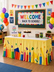 1pc Colorful Crayon, Ruler, Eraser Pattern Table Skirt, Suitable For Home Decor, Room Decor, Bedroom Decor, Garden, Kitchen, First Day Of School Classroom Decor And Teacher's Desk Skirt - Multicolor - View 7