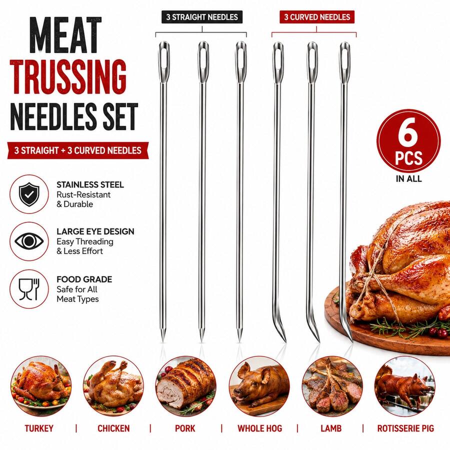 Ofargo Meat Trussing Needles Set, Stainless Steel Poultry Sewing Needles For Turkey Chicken BBQ 6pcs