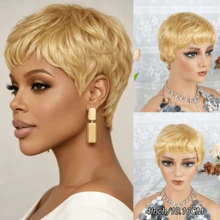 27# Color Layered Straight Human Hair Wig For Woman Short Straight Pixie Cut Human Hair Wig With 150% Density Elastic Net Cap Human Hair Wig For Party Use & Daily Wear - S27 - View 3