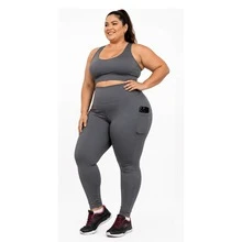Kit 2 Calças Legging C/ Bolso Cós Alto Grosso Suplex Fitness Caminhada Yoga - preto e chumbo - Visão 5