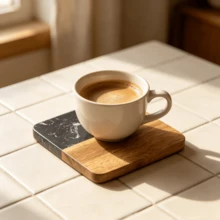Heat Resistant Non-Slip Marble Acacia Wood Spliced Coasters, Round Square Hexagon Shapes Elegant Table Protector Pad For Hot Mugs Cookware, Compact Decor Accessory Suitable For Home Kitchen Dining Table Daily Household Dining Scenes - Multicolor - View 7