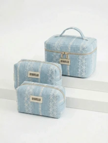 Bolsa de maquillaje azul de gran capacidad y moda, bolsa de viaje de vacaciones con patrón floral lindo, bolso de mano elegante de alta gama bohemio, bolsa de aseo de viaje portátil con cremallera, bolsa de almacenamiento portátil, esencial de viaje, útiles escolares, juego de bolsas de maquillaje de tela suave, cartera y bolso de mujer de moda, adecuado para el hogar, viajes, vacaciones y escuela, esencial para el dormitorio, regalo para dama de honor, regalo del Día de la Madre, regalo de cumpleaños. (Patrón aleatorio) - Celeste - Ver 10