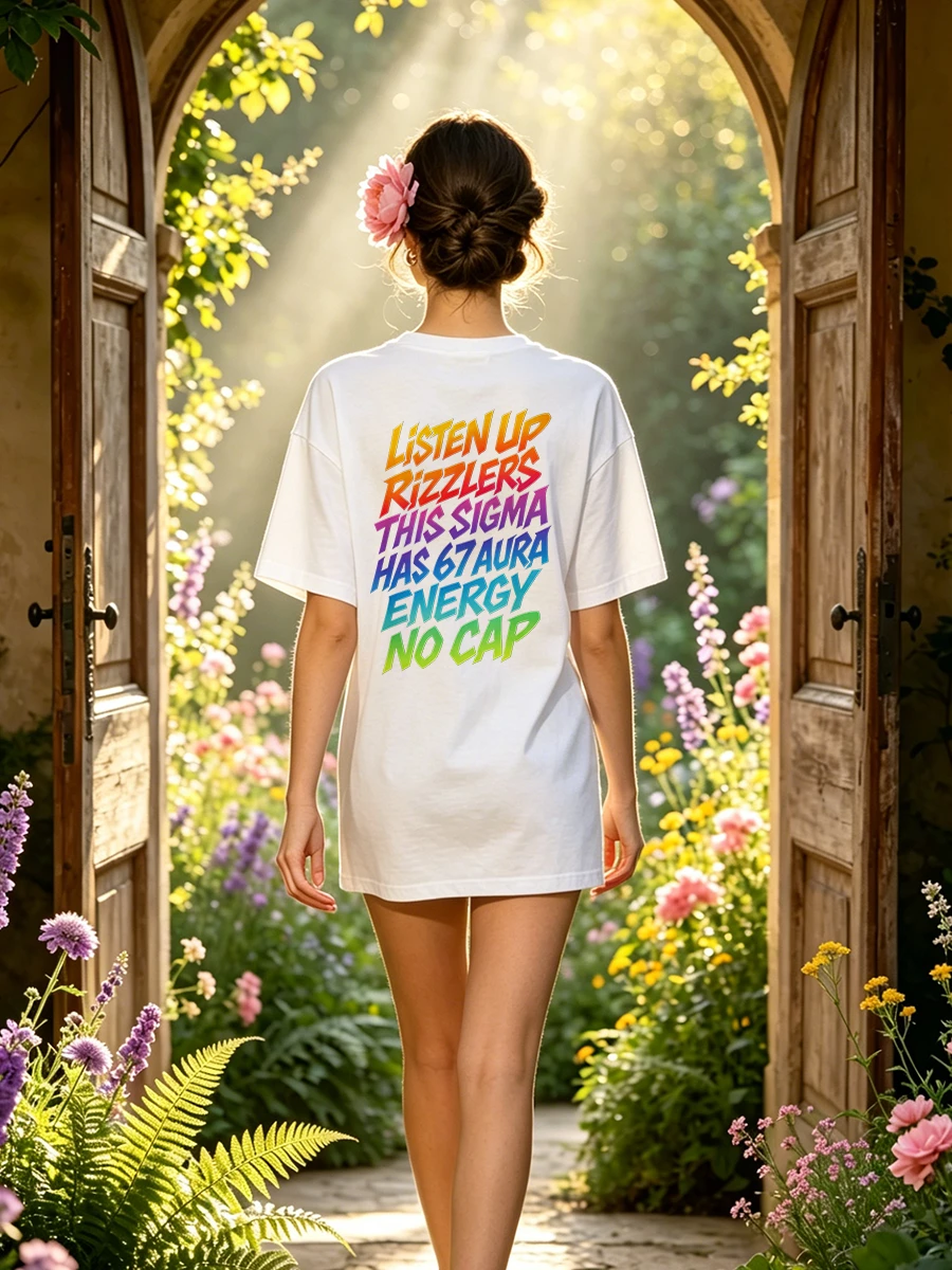 Summer casual soft cotton printed crew neck short-sleeve top with retro European street Y2K style. - Weiss - Übersicht 1