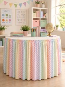 1pc Rainbow Plaid Classroom Desk Skirt, Back To School Teacher Desk Cover, Elastic Pleated Tablecloth, Suitable For Home/School Decor, Macaron Color Pleated Desk Skirt, Fits Rectangular/Round Tables - Multicolor - View 1