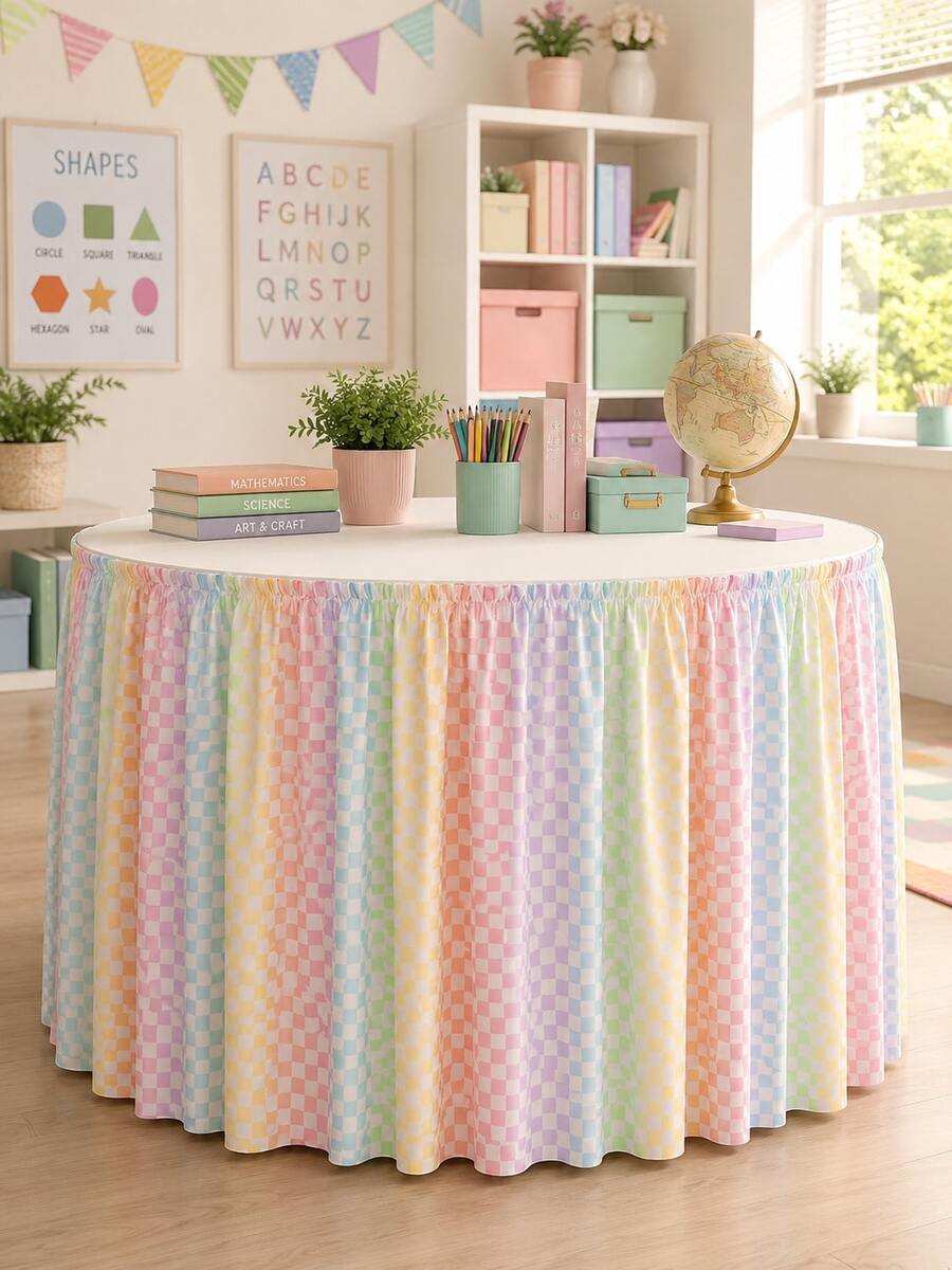 1pc Rainbow Plaid Classroom Desk Skirt, Back To School Teacher Desk Cover, Elastic Pleated Tablecloth, Suitable For Home/School Decor, Macaron Color Pleated Desk Skirt, Fits Rectangular/Round Tables - Multicolor - View 1