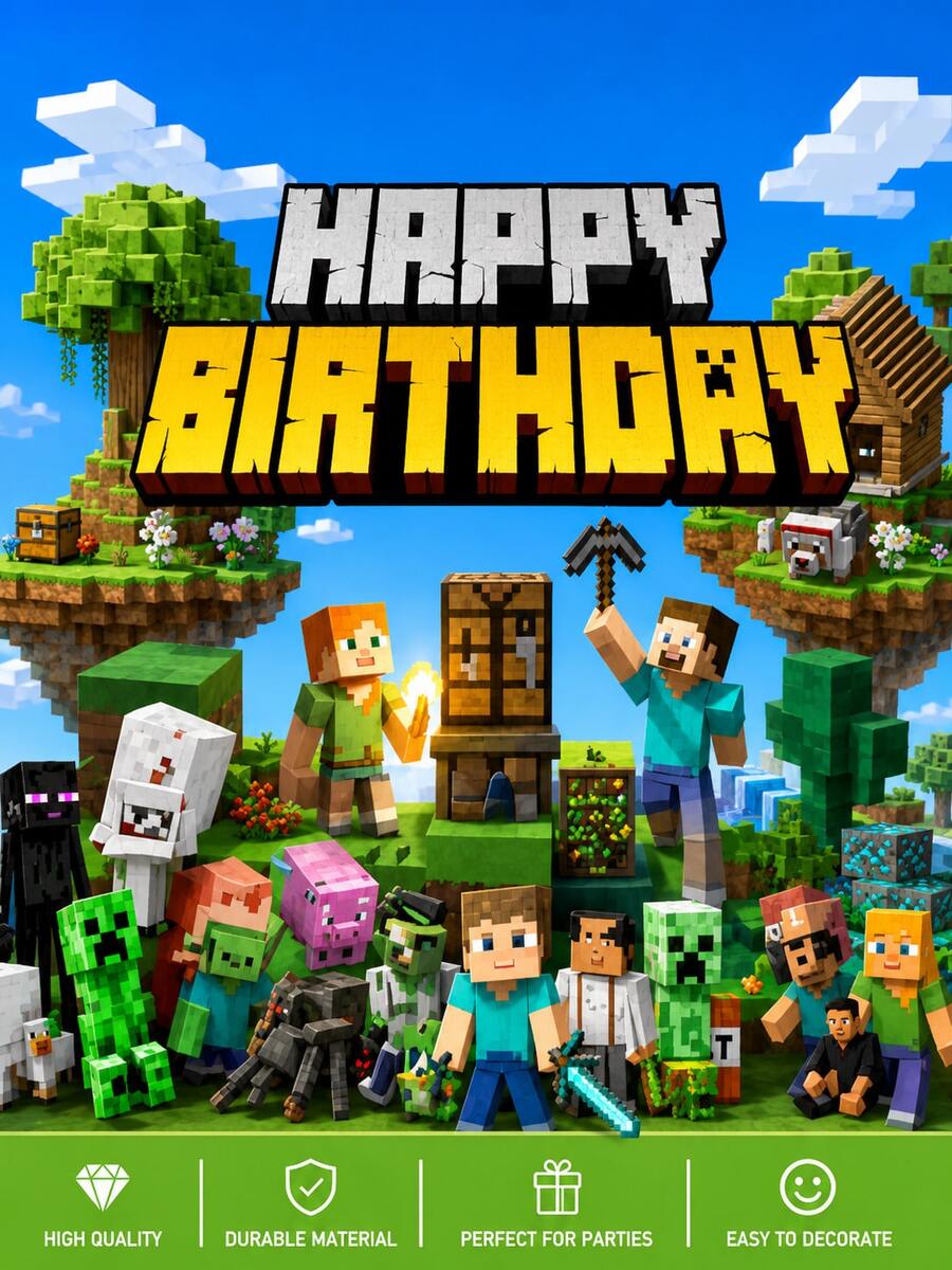Minecraft 1Pc Birthday Backdrop Banner Party Decoration Photo Background Cloth - Multicolor - View 1