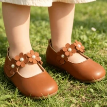 Girls Cute Elegant Floral Decor Round Toe Party Wedding Mary Jane Flat Shoes - Brown - View 5