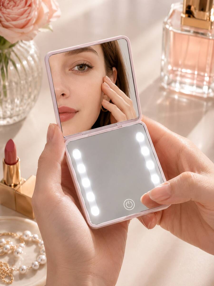 300mAh USB Rechargeable LED Makeup Mirror With Light, Portable Folding Travel Vanity Mirror, 3 Lighting Modes, Touch Dimmable Magnifying Makeup Mirror, Compact Pocket Mirror, Suitable For Travel, Office, Dorm, Bedroom, Holiday Gift