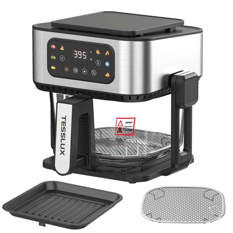 2-In-1 Air Fryer & Indoor Grill Combo 1200W, 5L Glass Bowl With Visible Window, Oil-Free, 8 Presets, Touch Screen, Dishwasher, For Steak Chips Shrimp Fish Chicken, 304 Stainless Steel, Quartz Glass - US B Type Plug(110-127V) - View 1