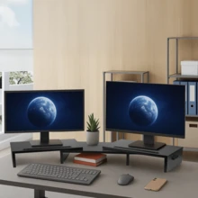 Dual Monitor Stand Desk Riser – Adjustable Wooden Monitor Shelf With Storage, Phone Slots & Cable Management - View 1