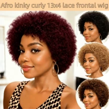 Peruca de Cabelo Humano Afro Encaracolado com Lace Front 13x4, Cor Borgonha Profundo, Peruca Afro Kinky Encaracolada Curta para Mulheres, Linha do Cabelo Pré-Arrancada Natural, Densidade de 180% - Multicolorido - Visão 2