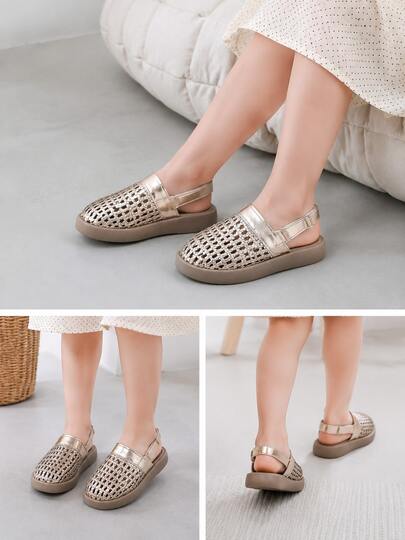 1 Pair Soft Gold Knitted Hollow-Out Sandals, Sweet & Breathable, Summer Essential; Toddler Girls Anti-Slip Knitted Hollow-Out Sandals; Breathable Casual Roman Style Shoes With Adjustable Straps