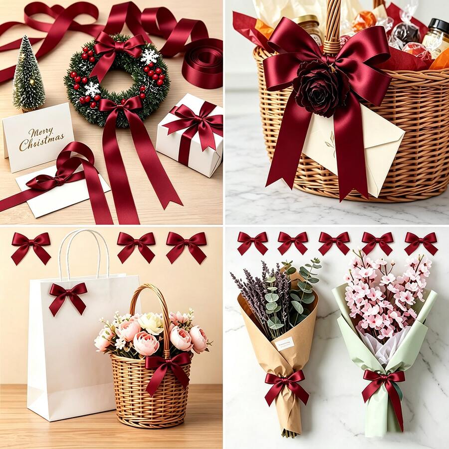 25 Yards/Roll Burgundy Polyester Gift Wrapping Ribbon, Suitable For DIY Hair Accessories, Clothing, Bags, Floral Arrangements, Gift Boxes, Weddings, Mother's Day, Birthdays And Various Holiday Party Decorations - Multicolor - View 1