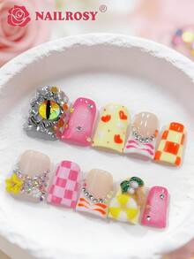 NAILROSY 10片裝鴨甲棺材形3D雕花浮雕手工穿戴甲，婚禮儀式新娘必備，純白裸色透明色，日常通勤，2026春季新品，專業沙龍級手工品質 - 彩色 - 查看 3