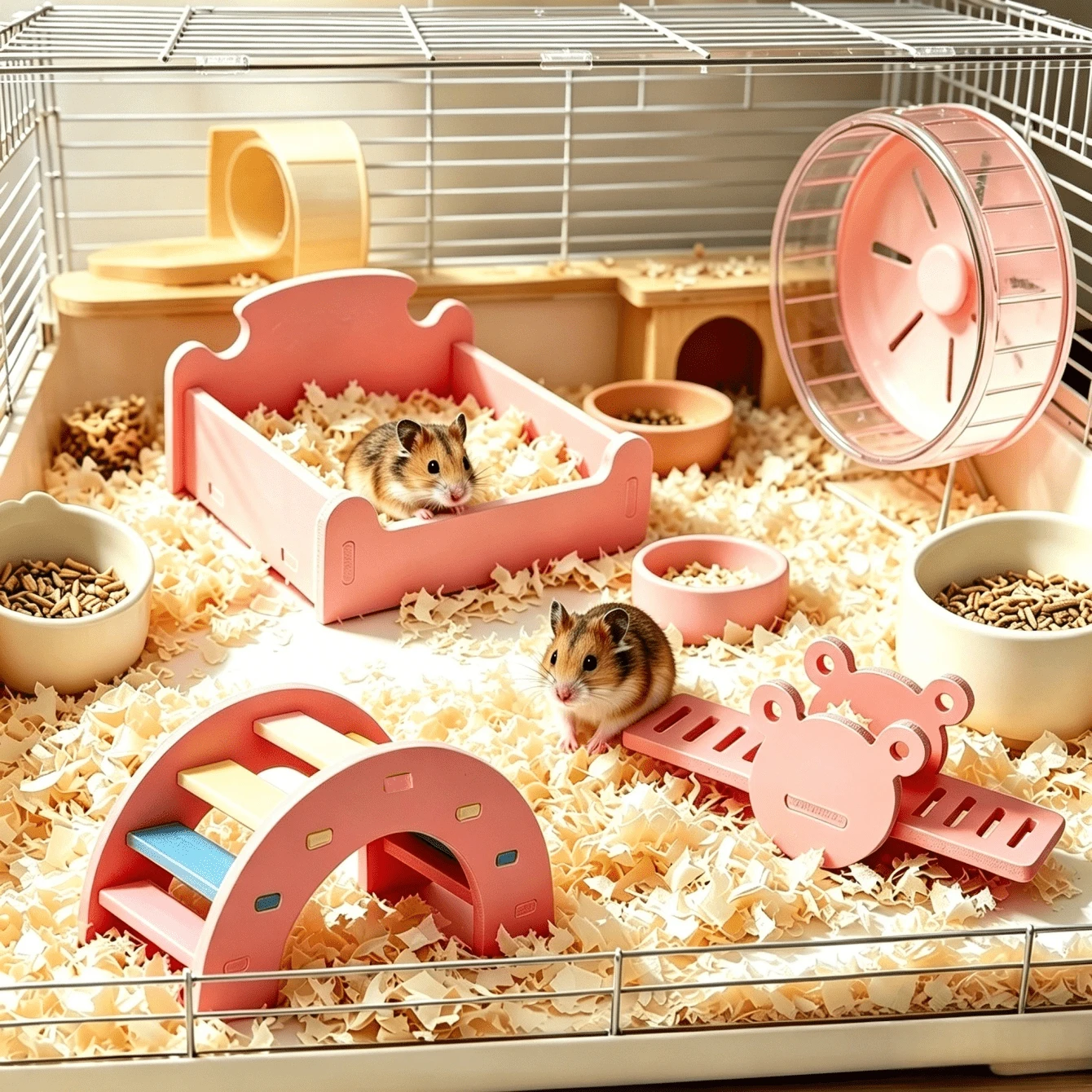 2/1/3pcs Pink Hamster Bedding & House Combination Set, PVC Material, Assemble/Disassemble, Hamster Cage Decor Set, Universal Cage Interior Decoration, All Seasons, Rainbow Bridge/Cooling Bed/Seesaw/Small House Multiple Combination Set - A - View 1