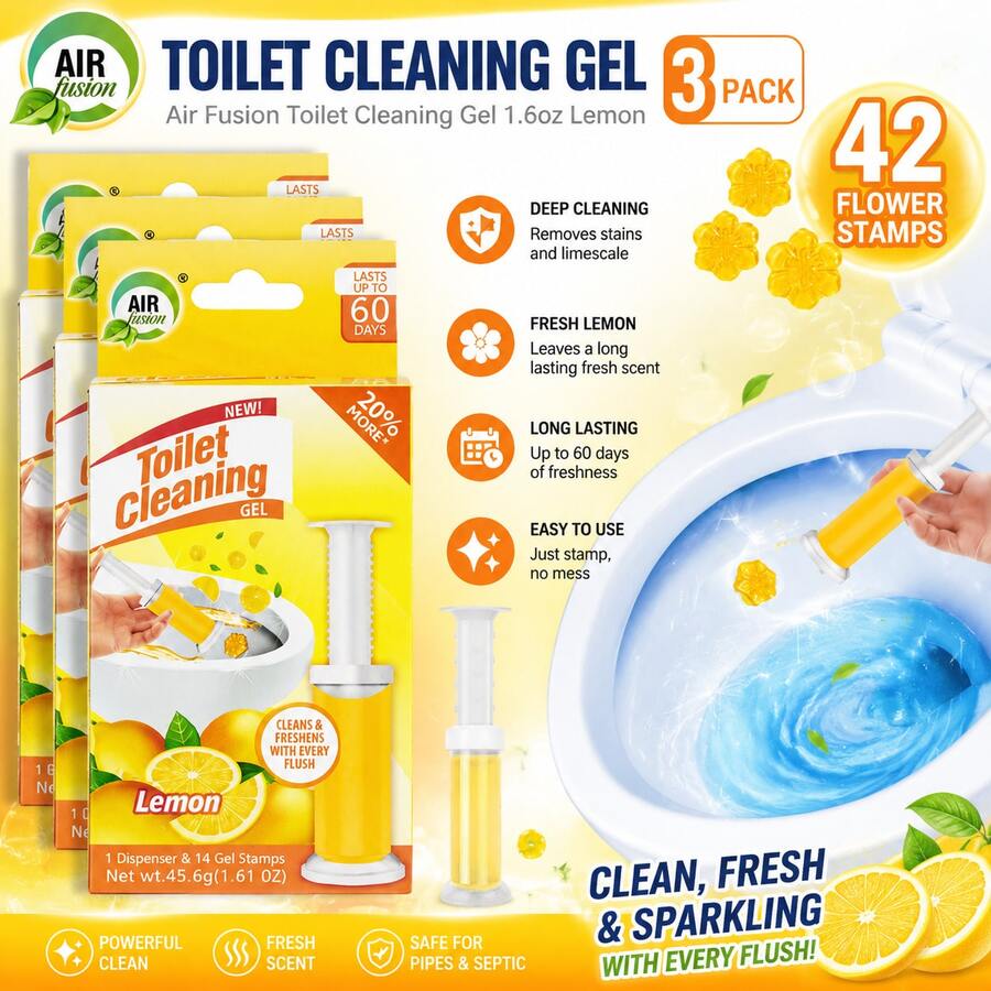 AIR FUSION 42 Count Fresh Flower Gel Stamp Toilet Cleaner, Air Freshener, Fresh Bathroom Toilet Cleaning Gel Stamp, Helps Keep Toilet Clean, Prevents Scale And Toilet Ring, 6 Fragrance Options, Includes 1 Dispenser And 4 Gels - 檸檬 - 查看 1