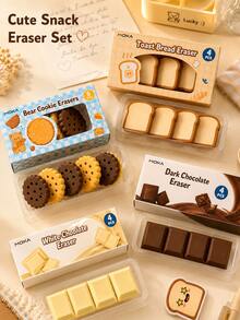 4pcs Cute Snack Shaped Erasers, Chocolate Cookie Toast Cartoon Pencil Erasers, Fun Food Style Stationery, Suitable For School, Office, Planner, Classroom Rewards And Back To School Gifts - Cute Snacks - View 1