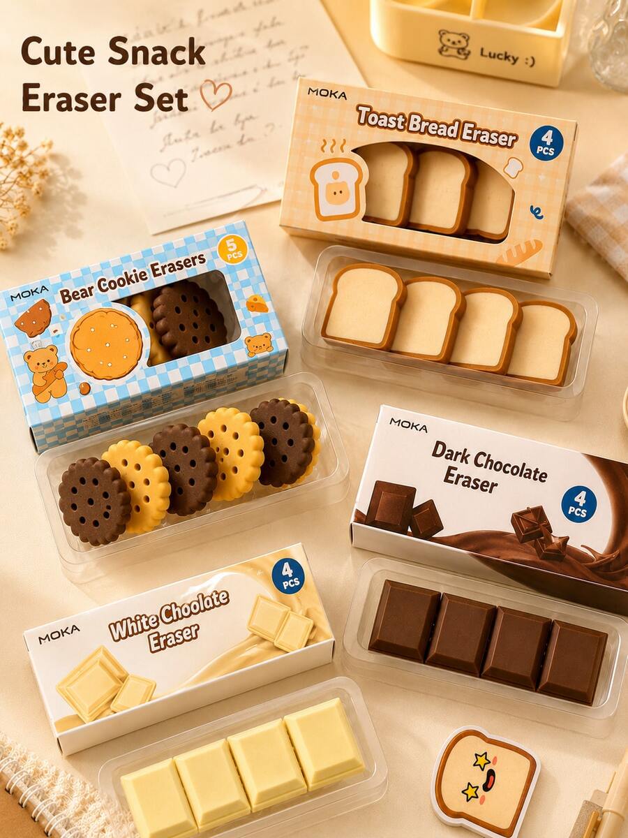 4pcs Cute Snack Shaped Erasers, Chocolate Cookie Toast Cartoon Pencil Erasers, Fun Food Style Stationery, Suitable For School, Office, Planner, Classroom Rewards And Back To School Gifts - Cute Snacks - View 1