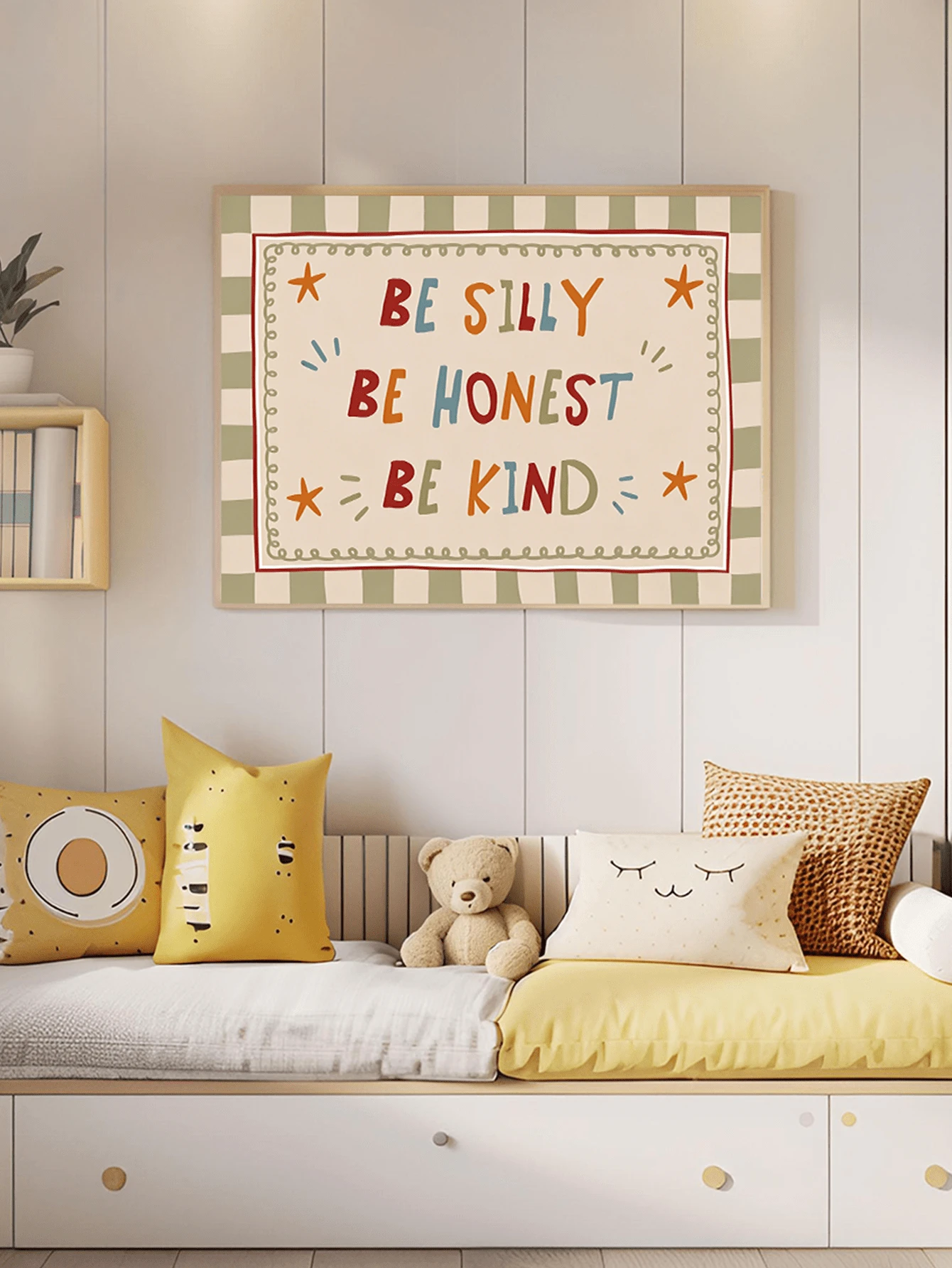 1pc Canvas Framed Baby Room Wall Art Decor, "Be A Mischievous One, Be An Honest Person, Be A Kind Person" Positive Inspirational Poster, Bohemian Style Baby Room Wall Decor, Ready-To-Hang Framed Artwork Suitable For Toddler Bedroom And Playroom, Baby Shower Gift, Gentle Character Building Theme Artwork, Cute Hand-Drawn Imaginative Children's Room Accent Decor, Kindergarten Decoration, Baby And Children's Gift - Multicolor - View 1