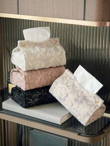 Elegant Embroidered Tissue Box, Floral Sequin Pattern Tissue Storage Bag, High-End Large Capacity Storage Bag, Bathroom Bedroom Home Essential Toilet Paper Storage Box, Car Tissue Box, Tissue Decorative Box - Multicolor - View 9
