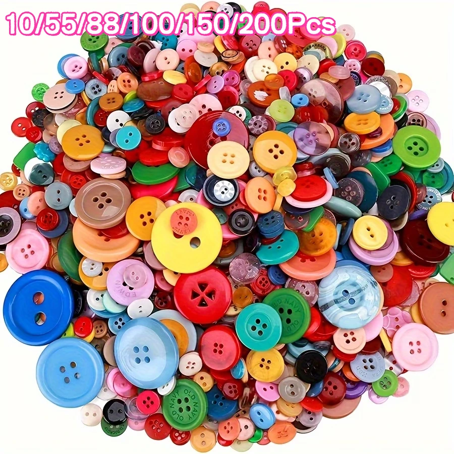 10/55/88/100/150/200 Piezas Botones de Resina de Colores Surtidos, Botones Redondos de 2 Agujeros y 4 Agujeros de Múltiples Tamaños, Manualidades DIY Collage, Decoración de Ropa, Accesorios, Estilos y Tamaños Aleatorios - Multicolor - Ver 1