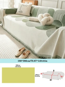 1pc Green/Black/Khaki Abstract Geometric Chenille Sofa Cover With Tassel Trim, Modern Minimalist Arch Print Sofa Throw Blanket, Non-Slip All-Season Pet-Friendly Machine Washable Furniture Protector, Living Room Home Decor - Green - View 12