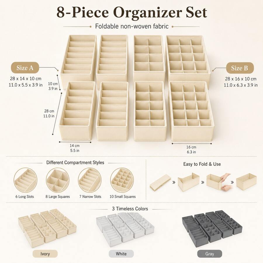 Drawer Storage Box, Underwear Storage, Bra Storage, Sock Divider, Foldable Fabric Storage Basket, Wardrobe & Vanity Storage Organizer, Divided Storage Box, Closet Storage Basket, Underwear, Tie, Scarf, Baby Clothes, Cosmetics Storage, Bedroom & Dorm Space-Saving Home Essential - Multicolor - View 1