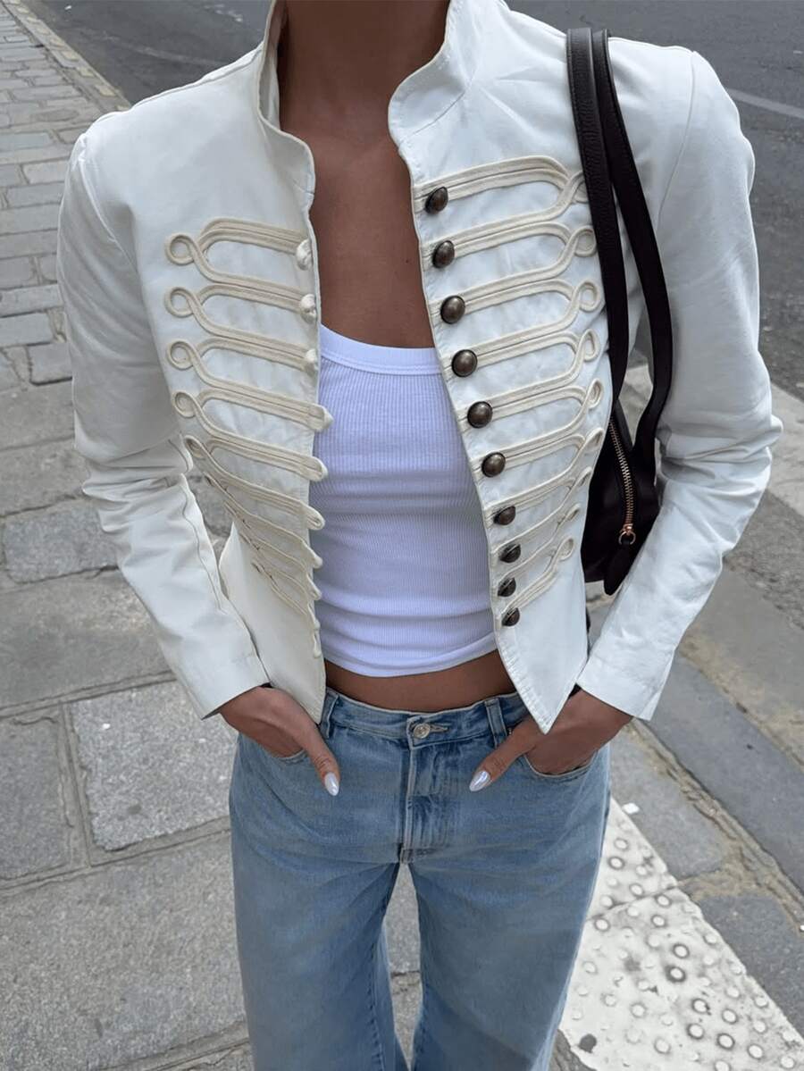 HZXVIC Women's New Retro Style Stand Collar Gold Button Knot Decorated Slim Fit Jacket White - White - View 1