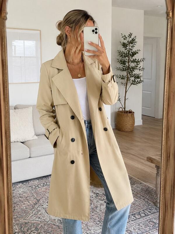 Abrigo Trench de Doble Botonadura con Cinturón, Abrigo Trench Clásico Nuevo de Temperamento Estilizado para Mujer, Versión Coreana de Chaqueta Holgada hasta la Rodilla, Abrigo Popular para Mujeres Altas