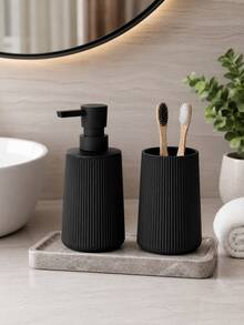 2pcs Matte Black Striped Bathroom Set - Soap Dispenser & Toothbrush Holder, Minimalist Luxury Style, Suitable For Bathroom Countertop - Black - View 5