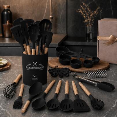 33pcs Silicone Kitchen Utensil Set With Holder Heat Resistant Non-Stick Cooking Tools, Kitchen Additions Set, Includes Whisk Tong Spatula, Dishwasher Cookware For Baking Frying Cooking, Ideal For Home Kitchen And Cooking Lovers