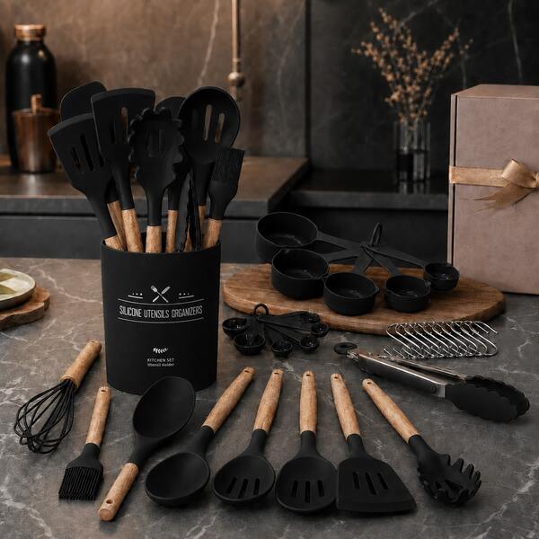 [33pcs Silicone Kitchen Utensil Set With Holder] Heat Resistant Non-Stick Cooking Tools, Kitchen Additions Set, Includes Whisk Tong Spatula, Dishwasher Cookware For Baking Frying Cooking, Ideal For Home Kitchen And Cooking Lovers