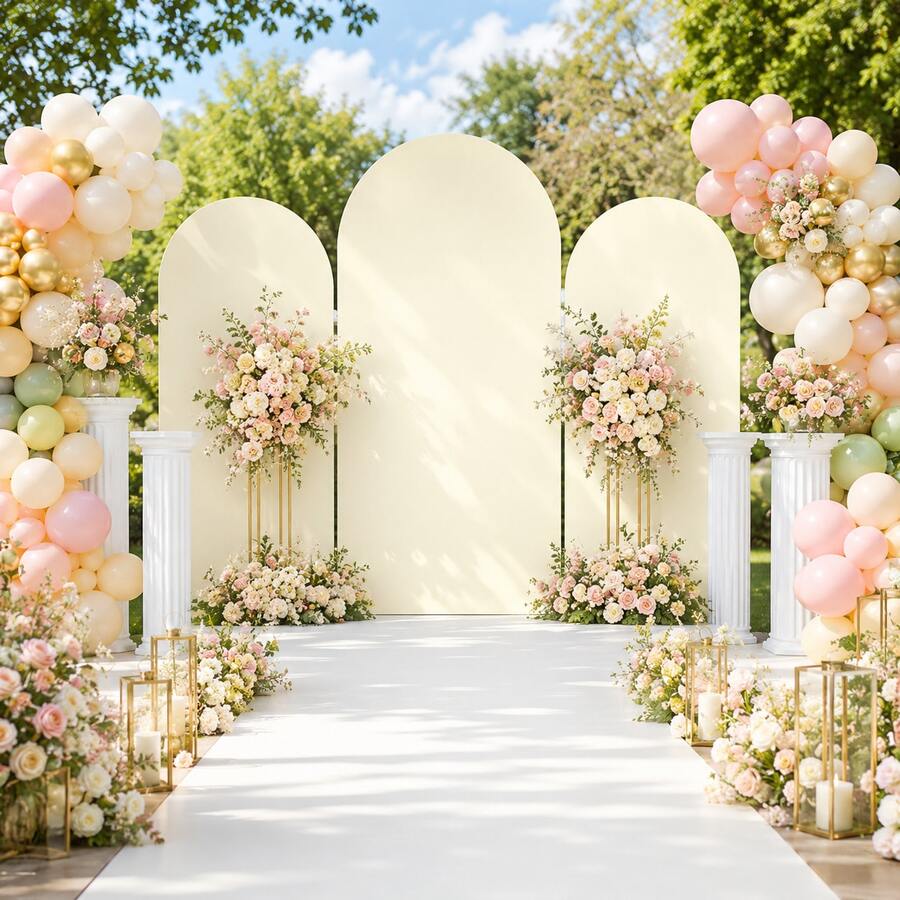 1pc SLarge Arch Backdrop, Elastic Fabric Wedding Ceremony Birthday Party Photo Background, Semicircle Decoration Curtain - Beige - View 1