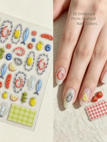 1Sheet Summer Picnic Clear Nail Stickers, 3D Raised Drip Glaze Seafood Fruit Plaid Nail Decals, Cute Shrimp Lemon Fish Self-Adhesive Nail Accessories For Vacation Nails - Multicolor - View 1