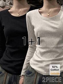 2pcs Women's Solid Color Long Sleeve T-Shirt, Round Neck Slim Fit Base Layer, Black + Heather Grey Versatile Casual Top - Heather Gray + Black - View 1