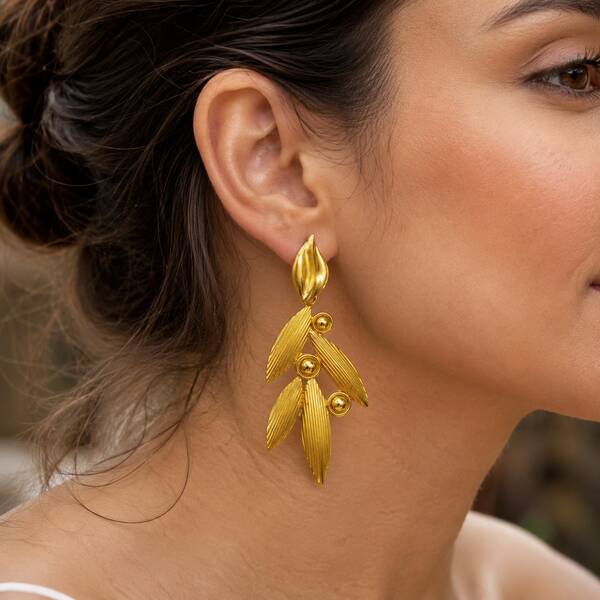 1 Pair 24K Gold-Plated Textured Leaf Layered Dangle Earrings, Iron Base