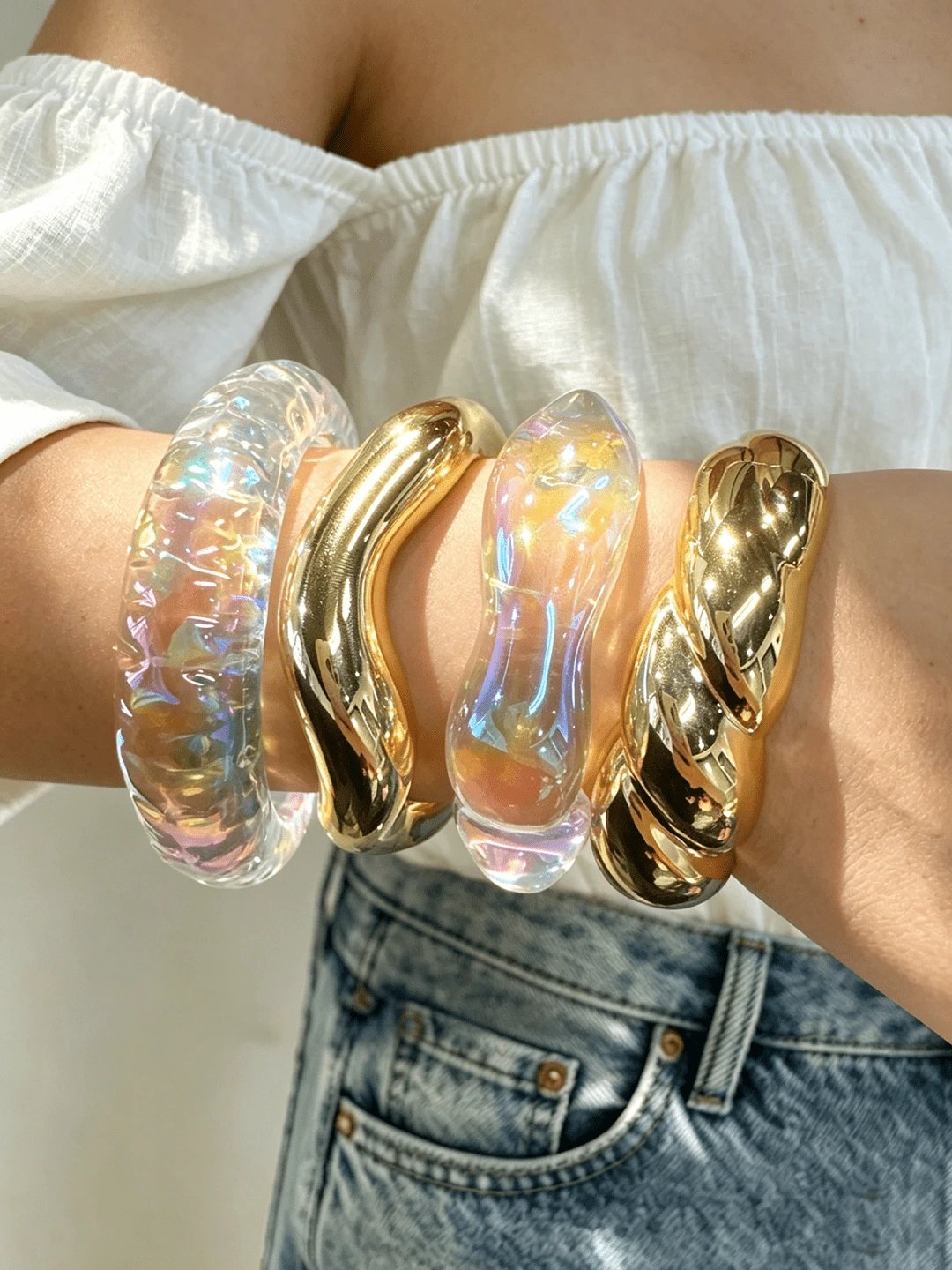 1/4 pièces Ensemble de bracelets ouverts en acrylique CCB géométriques asymétriques irisés, style décontracté et mode, bracelets d'ambiance estivale convenant au port quotidien des femmes, accessoire de bijoux élégant et polyvalent pour les rendez-vous, cadeau parfait pour les meilleures amies, les fêtes et les anniversaires - Multicolore - Voir 1