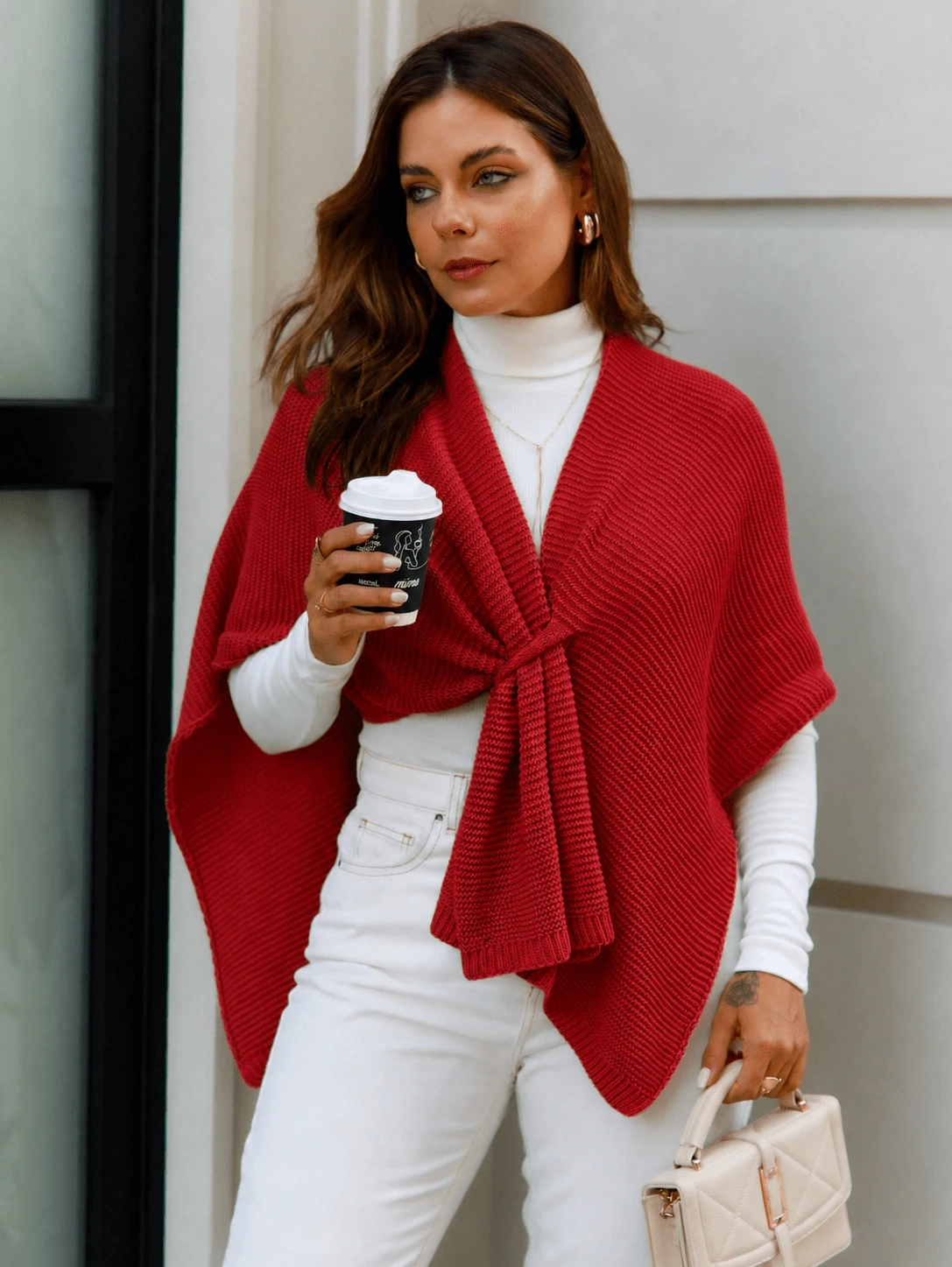 Stylish Women's Knit Vest Poncho Kimono Cape - 紅色 - 查看 1