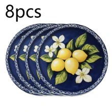 圓形與橢圓形聚酯纖維餐墊 36*36cm,復古檸檬籃與深藍檸檬花卉印花,防水耐熱可水洗,適用於餐桌裝飾與隔熱 - 彩色 - 查看 21