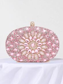 Bolsos de Noche para Mujer, Bolsos de Mano de Lujo con Pedrería Brillante| Brillante, con Pedrería, de Lujo, Brillante, con Pedrería, de Lujo - Bolso Ovalado Brillante con Cadena Dorada Conv - Rosa - Ver 1