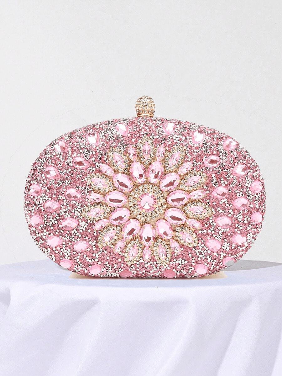 Bolsos de Noche para Mujer, Bolsos de Mano de Lujo con Pedrería Brillante| Brillante, con Pedrería, de Lujo, Brillante, con Pedrería, de Lujo - Bolso Ovalado Brillante con Cadena Dorada Conv - Rosa - Ver 1