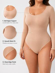 1pc Plus Size Nude Seamless Long Sleeve Bodysuit, U-Neck Ribbed Fabric, Soft Bust Support With Seamless Edging, Waist Compression And Tummy Control, Smooth Back For Body Shaping, High Elasticity Soft And Comfortable, Autumn/Winter Commute Date Dress Layering Daily Wear Base Layer Shaping Top - Apricot - View 3