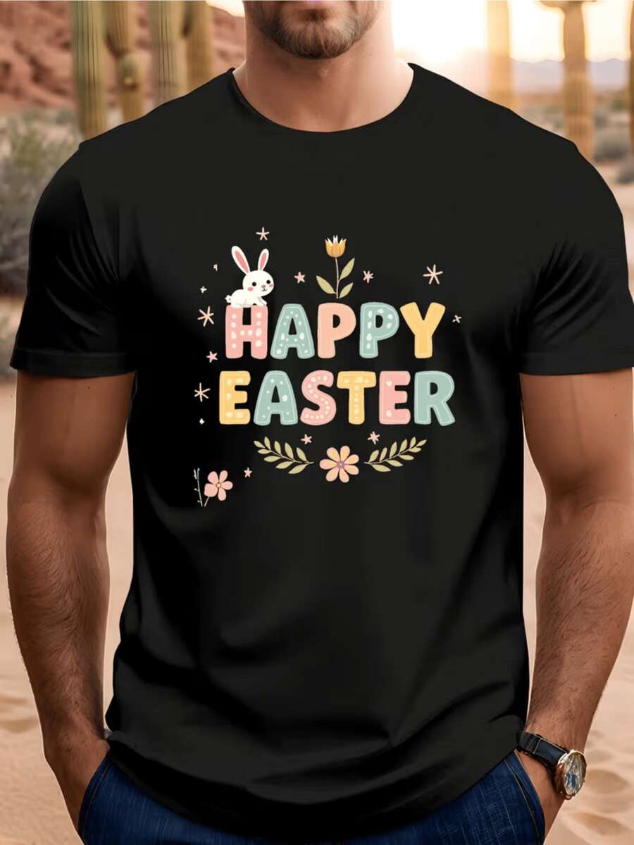 Conejo blanco junto a flores coloridas y letras alegres que celebran la Pascua con energía positiva camiseta de hombre moderna cómoda para diario - Negro - Ver 1